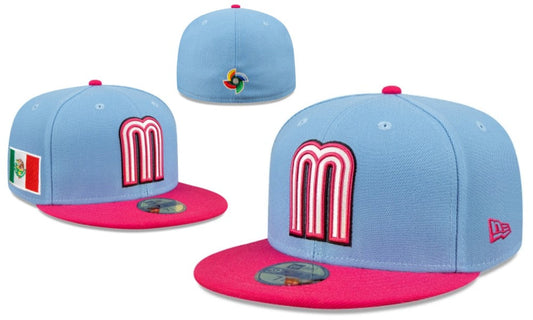 Mexico World Baseball Classic 59FIFTY Fitted Hat – Light Blue and Pink with Flag Patch